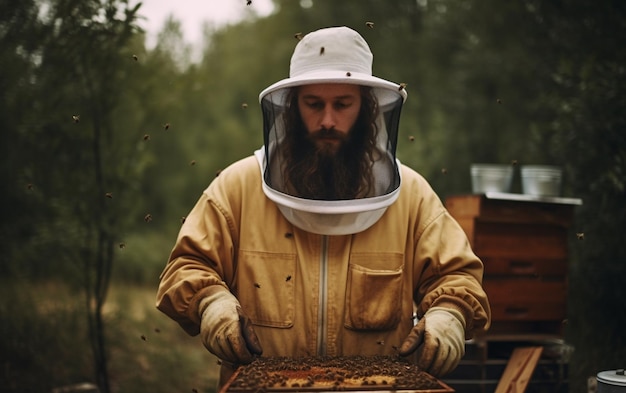 Beekeeper in protective workwear holding honeycomb outdoors