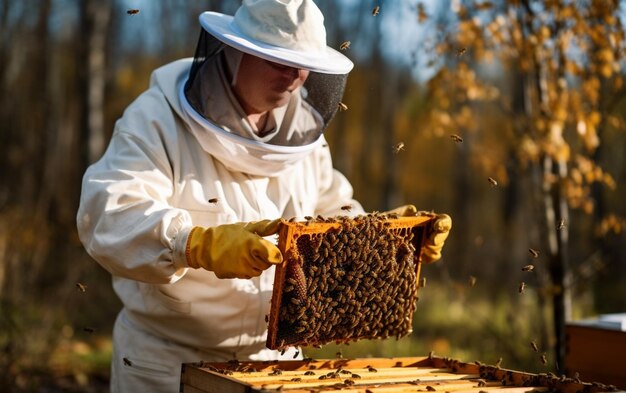 防護服を着たミツバチ飼育員が屋外で蜂巣を握っている