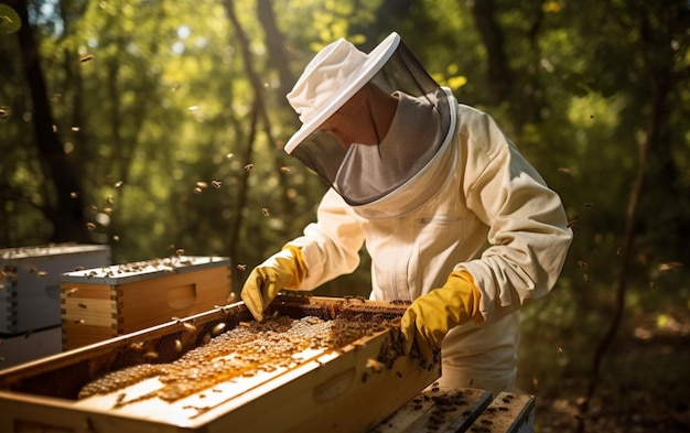 Пчеловод в защитной рабочей одежде, держащий пчелиный соток на открытом воздухе
