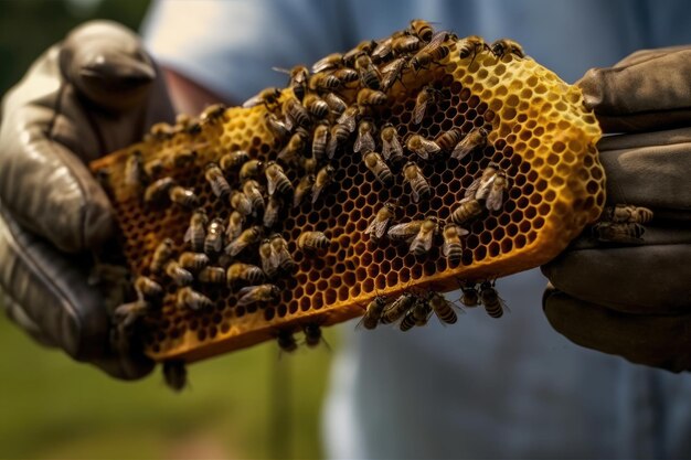 Beekeeper removing honeycomb from beehive Beekeeping in countryside Organic farming Ai generative