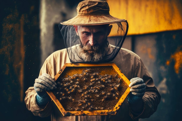 L'apicoltore nella giornata di sole raccoglie telai con favi con miele sull'apiario