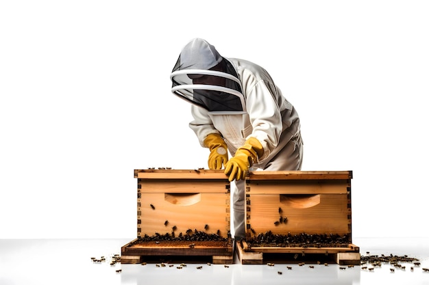 A beekeeper in uniform works near hives with bees on a white background