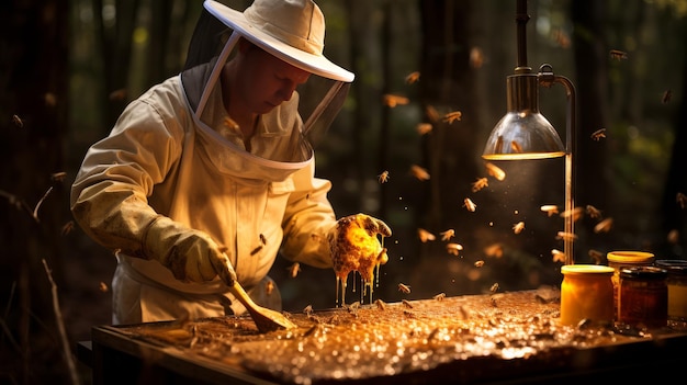 Beekeeper in White Hat and Yellow Jacket