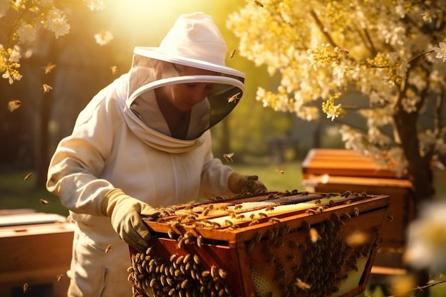 beekeeper in a white uniform with a beehive in the background