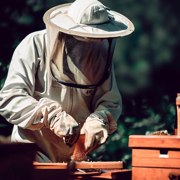 A beekeeper working on a bee panel