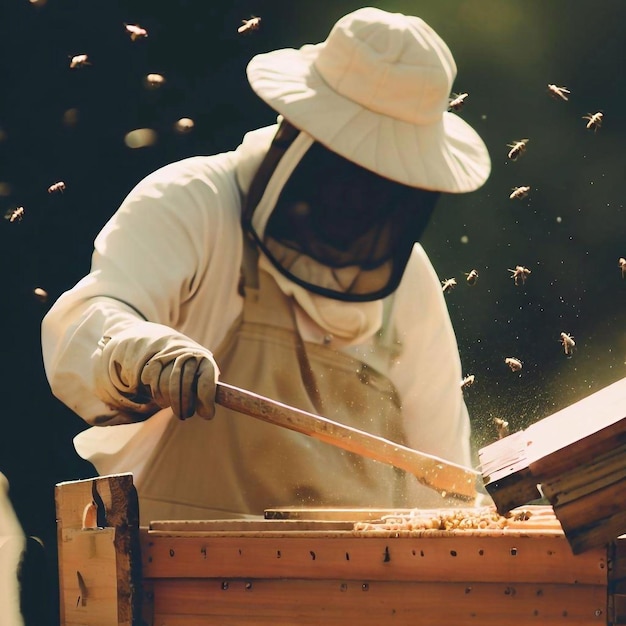 A beekeeper working on a bee panel