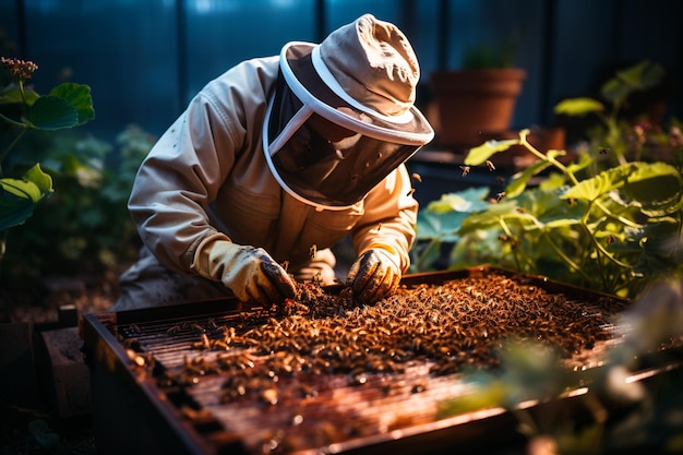 beekeeper working on a bee