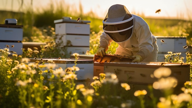 Beekeeper working on the beehives