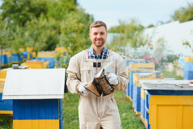 Пчеловод работает по сбору меда Концепция пчеловодства