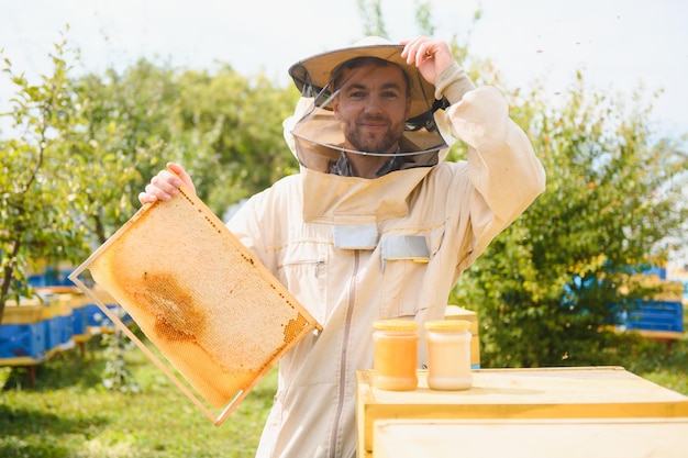 Photo beekeeper working collect honey beekeeping concept