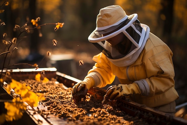 Photo beekeeper working with bees created with generative ai