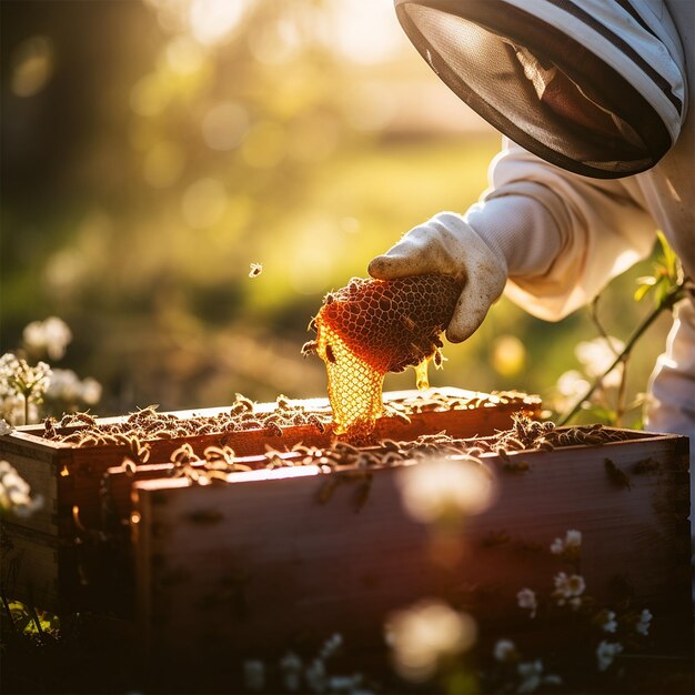 養蜂家がミツバチと協力して蜂蜜を抽出する AI によって生成された柔らかな光