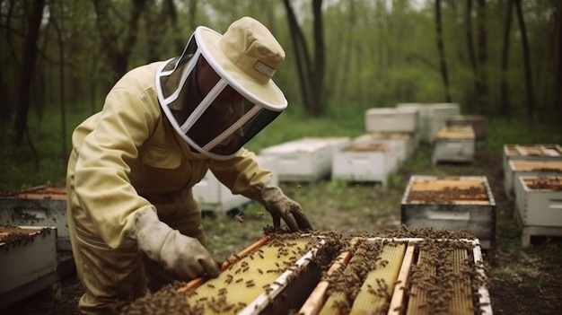 A beekeeper works on a beehive in a forest.