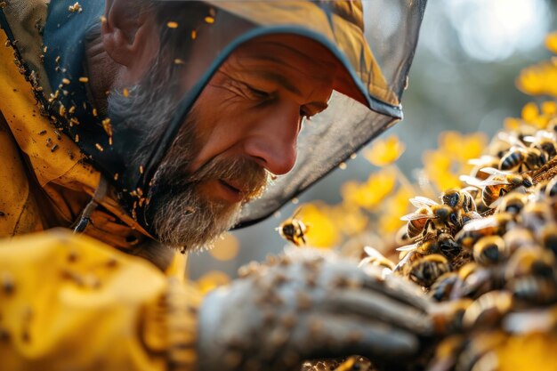 写真 野原 の 蜂巣 の  に 蜂蜜 を チェック し て いる 養蜂 者 たち