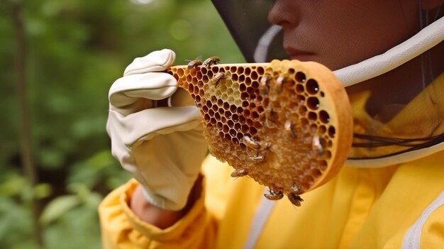 Beekeepers use a magnifying glass to examine bees inside honeycombsthe generative ai