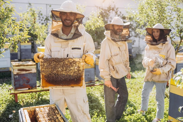 Beekeepers working to collect honey Smiling beekeeper holding a wooden frame with honey and bees