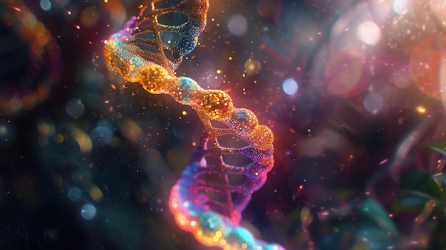 Beeld een DNA-helix van kleurrijke gloeiende strengen af die de genetische blauwdruk van creativiteit symboliseert die iedereen inherent heeft