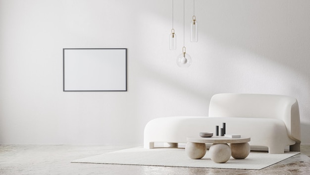 Foto beeld frame mockup in witte kamer interieur met zonlicht schaduwen en witte bank met stenen koffietafel en hanger licht 3d rendering