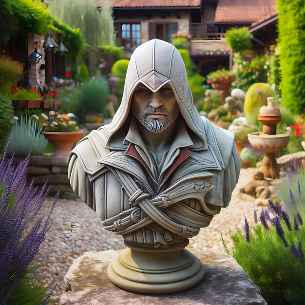 Foto beeld van assassin's creed personage in een tuin