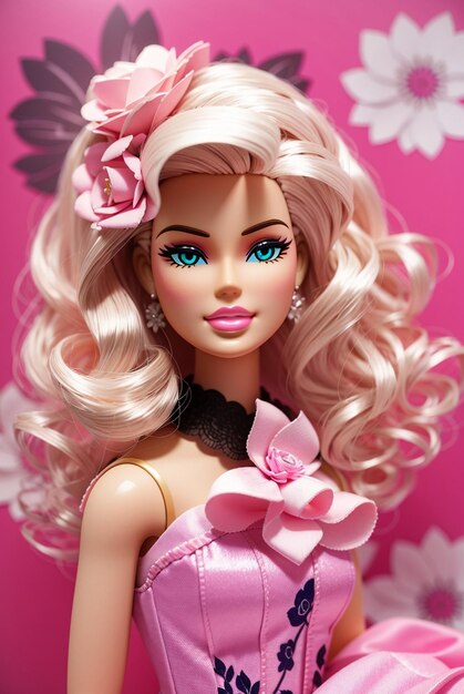 Beeld van Barbie in roze met een mooie jurk.