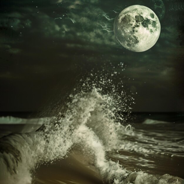 Foto beeld van de volle maan over de zee op een prachtige nacht.