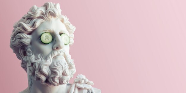 Beeld van een antieke man met komkommersnijden over zijn ogen op een roze achtergrond