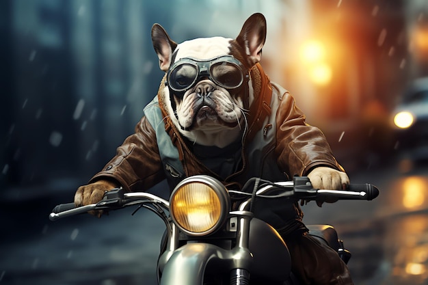 beeld van een bulldog die op een motorfiets rijdt