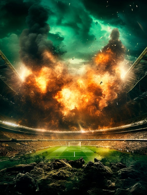 beeld van een explosie met rook in een verwoest stadion