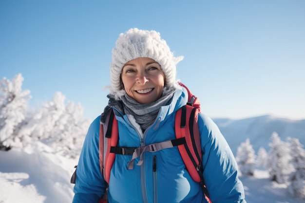 beeld van een gelukkige volwassen oudere vrouw die in de winter wandelt