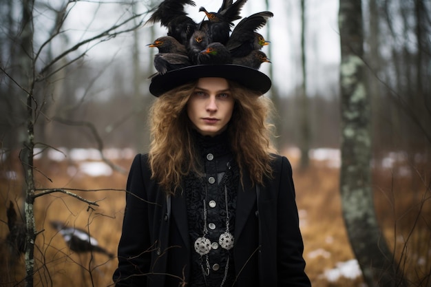 Beeld van een jonge man met magische kleren en een hoed met vogels in het bos