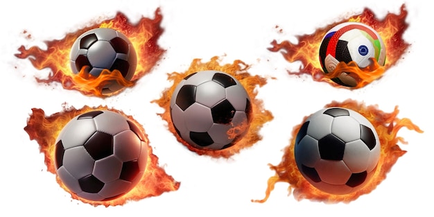 Beeld van een leren voetbal omhelsd in vlammen drijvend zonder achtergrond Een set ballen in brand