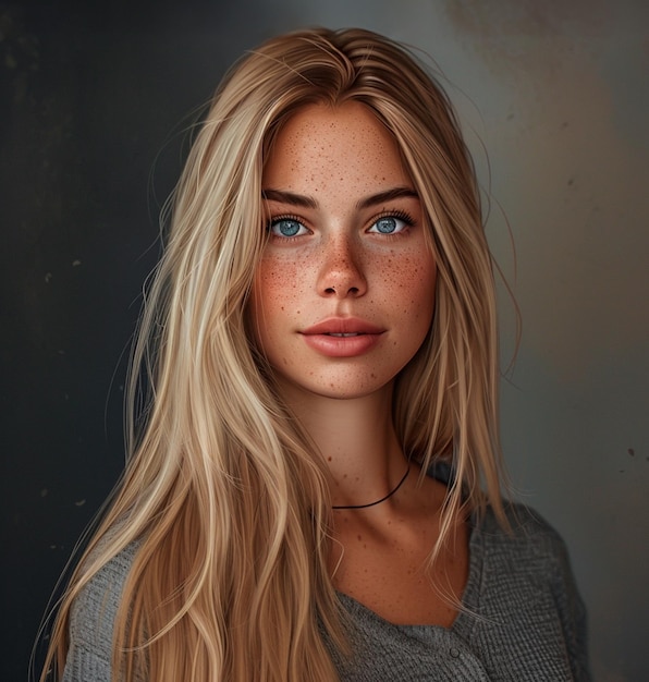 Beeld van een mooie Noorse vrouw met lang, recht blond haar en blauwe ogen.
