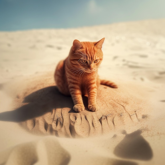 beeld van een oranje kat die op het strand speelt