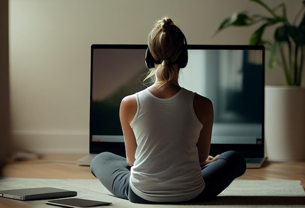 Beeld van een vrouw die virtuele fitnessles geeft met een groep mensen thuis op een videoconferentie AI Generated