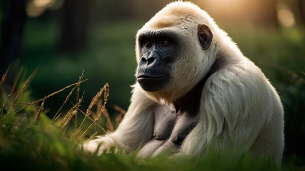 Foto beeld van een witte gorilla op het groene gras in een bos