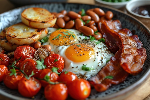 beeld van Engels ontbijt met eieren tomaten bacon bonen paddenstoelen en worst