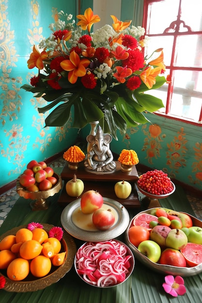 Beeld van Heer Ganesha zittend op gouden asana met vruchten en bloemen Gelukkige Ganesh Chaturthi