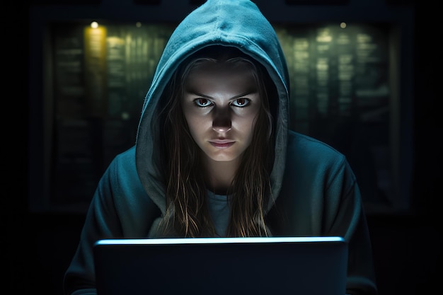 beeld van jonge vrouw op laptop als hacker