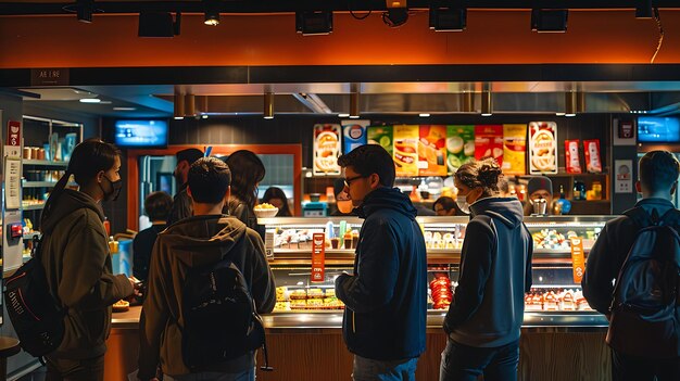 Beeldbeschrijving Een groep mensen die in de rij staan bij een fastfoodrestaurant