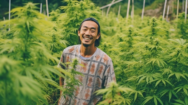 Beelden van boeren in Hawaiiaanse hemden uit Thailand Breed lachend op het marihuanaveld GENEREER AIxAxA