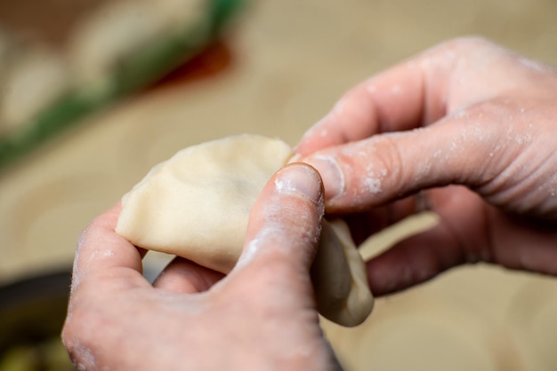 Beeldhouwen dumplings close-up Vrouwenhanden maken dumplings gevuld met aardappelen en champignons