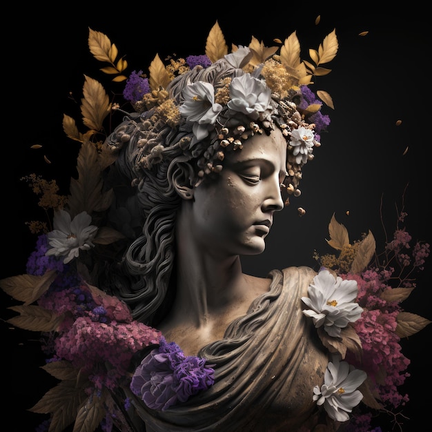 Beeldhouwwerk van de Griekse godin Beelden van de Griekse God Veel verdraaide takken gedroogde bloemen