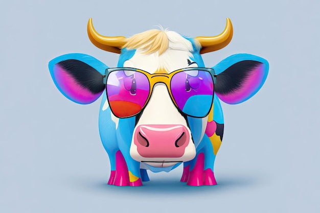 Beeldverhaal grappige koe die zonnebril draagt die geïsoleerd ai generatief opstaat