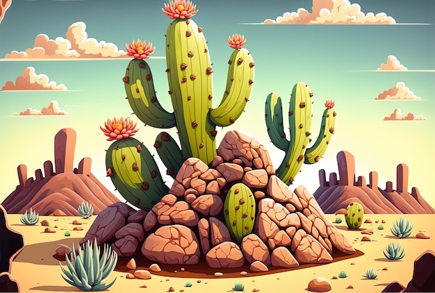 Beeldverhaalcactus in de woestijn met een bewolkt achtergrondillustratiemodel