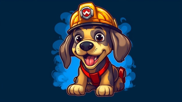 Beeldverhaalhond die een brandweermanhoed en een rood vest generatieve ai draagt