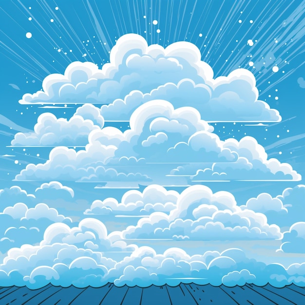 Beeldverhaalillustratie van een blauwe hemel met wolken en zonnestralen generatieve ai