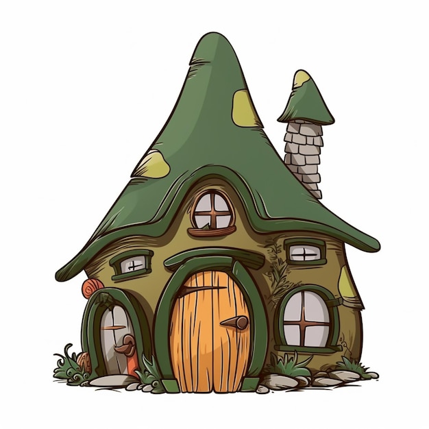 beeldverhaalillustratie van een klein groen en geel huis met een groen dak generatieve ai