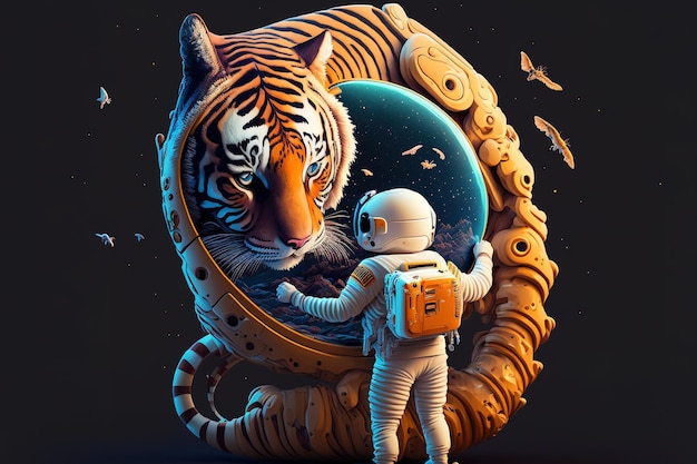 Beeldverhaalsymbool van een astronaut die een mooi wetenschapssymbool van de tijgertechnologie houdt