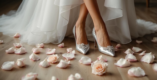 Foto beenen van de bruid in mooie schoenen jurk bloemblaadjes