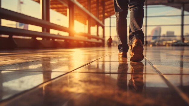Beenen van een man die in de terminal van de luchthaven loopt bij zonsondergang Generatieve AI